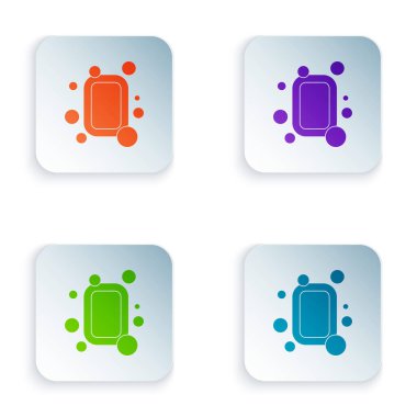 Beyaz arkaplanda izole edilmiş renkli sabun simgesi. Köpüklü sabun çubuğu. Kare düğmelere renkli simgeleri yerleştir. Vektör İllüstrasyonu