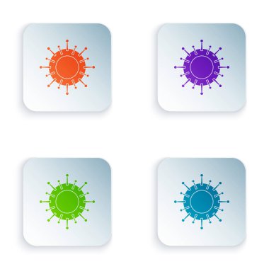 Beyaz arkaplanda izole edilmiş renk virüsü simgesi. Corona virüsü 2019-nCoV. Bakteri ve mikroplar, hücre kanseri, mikrop, mantar. Kare düğmelere renkli simgeleri yerleştir. Vektör İllüstrasyonu