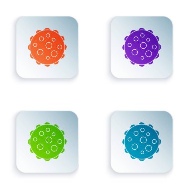 Beyaz arkaplanda izole edilmiş renk virüsü simgesi. Corona virüsü 2019-nCoV. Bakteri ve mikroplar, hücre kanseri, mikrop, mantar. Kare düğmelere renkli simgeleri yerleştir. Vektör İllüstrasyonu