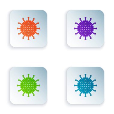 Beyaz arkaplanda izole edilmiş renk virüsü simgesi. Corona virüsü 2019-nCoV. Bakteri ve mikroplar, hücre kanseri, mikrop, mantar. Kare düğmelere renkli simgeleri yerleştir. Vektör İllüstrasyonu