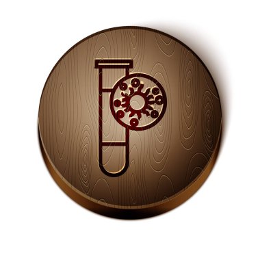 Beyaz zemin üzerinde virüs ve bakteri ikonu bulunan kahverengi çizgi laboratuvar cam test tüpü. Analiz mikroorganizma, araştırma, tanı. Tahta daire düğmesi. Vektör İllüstrasyonu