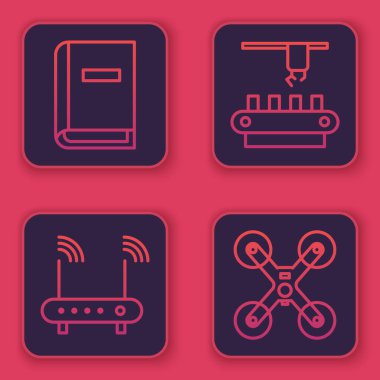 Hat kullanıcı kılavuzunu, Router ve wi-fi sinyalini, fabrika taşıma sistemi kayışını ve İHA uçuşunu ayarla. Mavi kare düğme. Vektör