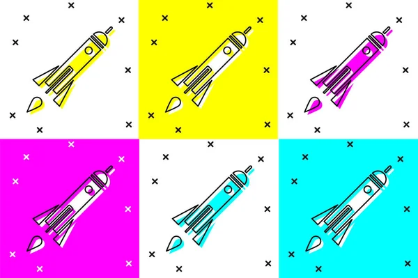 Set Rocket Ship Fire Icon Isolated Color Background Space Travel — Stock Vector