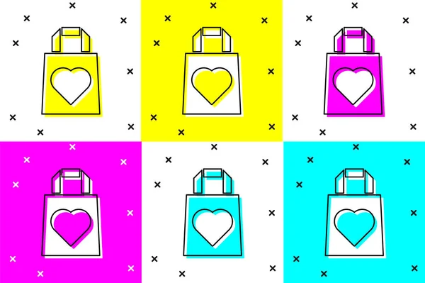 Set Shopping Bag Heart Icon Isolated Color Background March International — Stock Vector
