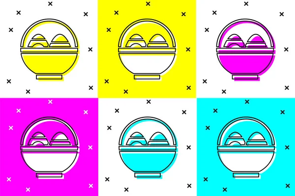 Zestaw Koszyk Ikoną Pisanki Izolowane Tle Koloru Szczęśliwej Wielkanocy Ilustracja — Wektor stockowy