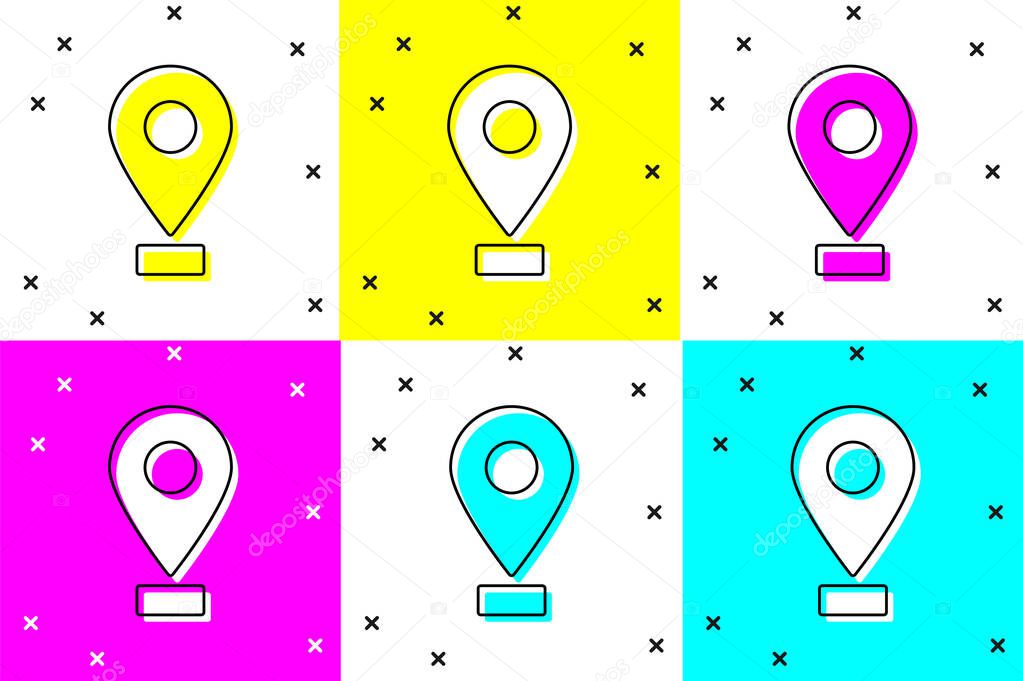 Set Map pin icon isolated on color background. Navigation, pointer, location, map, gps, direction, place, compass, search concept.  Vector Illustration