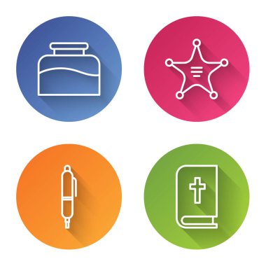 Hat Inkwell, Hexagram Şerifi, Kalem ve Kutsal İncil. Renkli daire düğmesi. Vektör