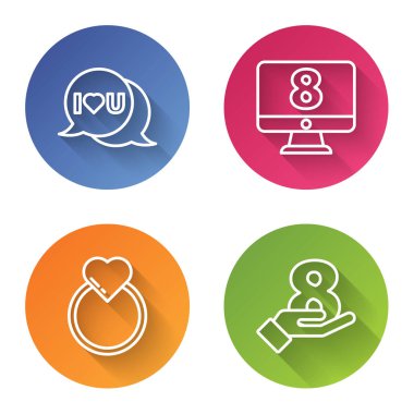 8 Mart 'ta monitörde, 8 Mart' ta düğün yüzükleri ve 8 Mart 'ta hazır ol. Renkli daire düğmesi. Vektör