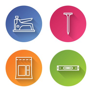 Yapı zımbası, metal çivi, çimento torbası ve inşaat balonu seviyesini ayarla. Renkli daire düğmesi. Vektör