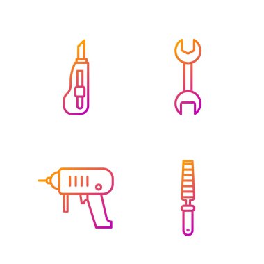 Tahta, elektrikli matkap, kırtasiye bıçağı ve İngiliz anahtarı için keski aleti ayarlayın. Renk simgeleri. Vektör