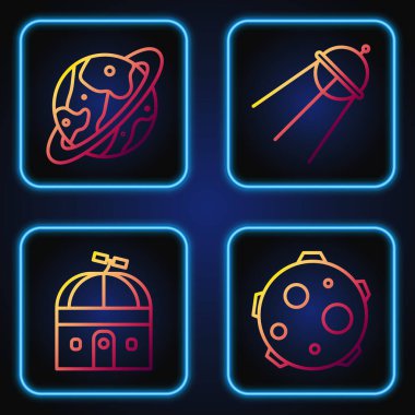 Set hattı UFO inek, astronomik gözlemevi, uzay kapsülü, paraşüt ve uydu kaçırıyor. Renk simgeleri. Vektör