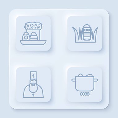 Paskalya pastası ve yumurta, Paskalya yumurtası, papaz ve yumurta. Beyaz kare düğme. Vektör