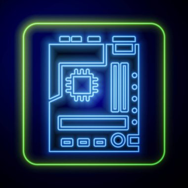 Parlayan neon elektronik bilgisayar bileşenleri anakart dijital çip entegre bilim ikonu mavi arka planda izole edildi. Devre kartı. Vektör İllüstrasyonu