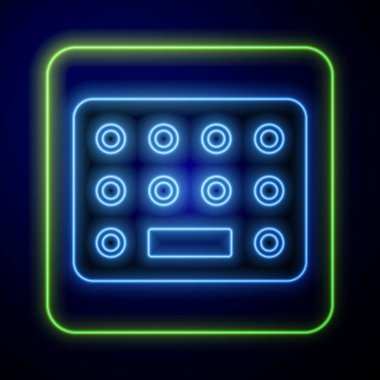 Mavi arka planda parlayan neon haplar izole edilmiş. İlaç paketi. Tablet, vitamin, antibiyotik, aspirin. Vektör İllüstrasyonu