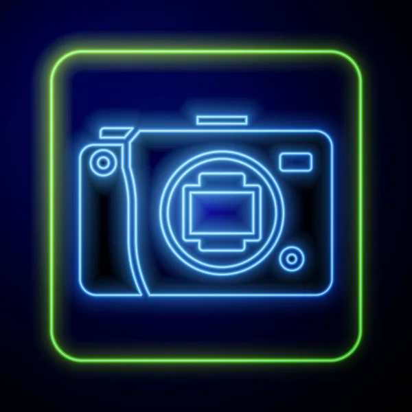 Icona Luminosa Della Fotocamera Mirrorless Neon Isolata Sfondo Blu Icona — Vettoriale Stock