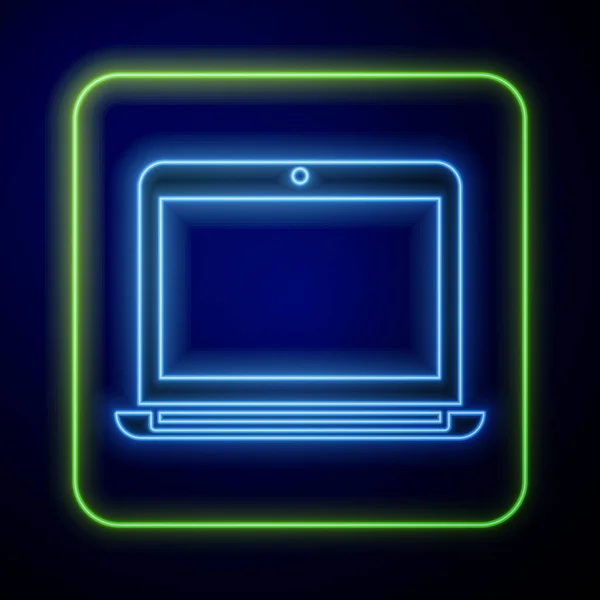 Gloeiende Neon Laptop Icoon Geïsoleerd Blauwe Achtergrond Notitieboekje Met Leeg — Stockvector