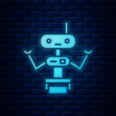 Parlayan neon robot simgesi tuğla duvar arka planında izole edildi. Vektör İllüstrasyonu