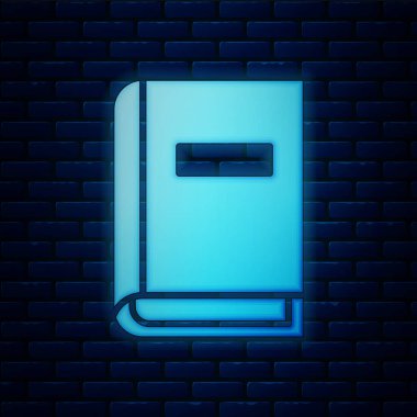 Parlayan Neon kullanım kılavuzu simgesi tuğla duvar arka planda izole. Kullanım Kılavuzu kitabı. Yönerge işareti. Kullanmadan önce okuyun. Vektör Illustration