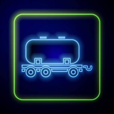 Parlayan neon yağı demiryolu ikonu mavi arka planda izole edildi. Tren vagonundaki petrol tankı. Demiryolu nakliyesi. Petrol endüstrisi. Vektör İllüstrasyonu