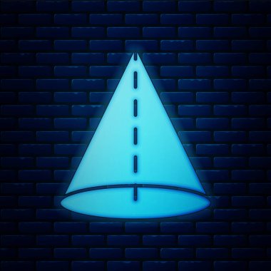 Parlayan neon geometrik figür koni simgesi tuğla duvar arka planında izole edildi. Soyut şekil. Geometrik süs. Vektör İllüstrasyonu