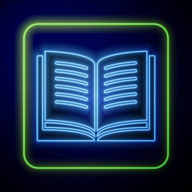Parlayan neon açık kitap simgesi mavi arkaplanda izole edildi. Vektör İllüstrasyonu
