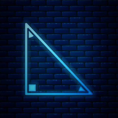 Parlayan neon üçgen matematik ikonu tuğla duvar arka planında izole edilmiş. Vektör İllüstrasyonu