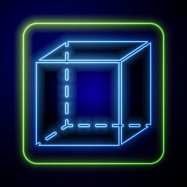 Parlayan neon geometrik şekil küp simgesi mavi arkaplanda izole edildi. Soyut şekil. Geometrik süs. Vektör İllüstrasyonu