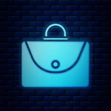 Parlayan neon çanta simgesi tuğla duvar arkasında izole edildi. İş ilanı. İş portföyü. Vektör İllüstrasyonu