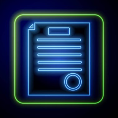 Parlayan neon. Tutuklama emri simgesi mavi arka planda izole edilmiş. Arama emri, polis raporu, mahkeme celbi. Adalet kavramı. Vektör İllüstrasyonu