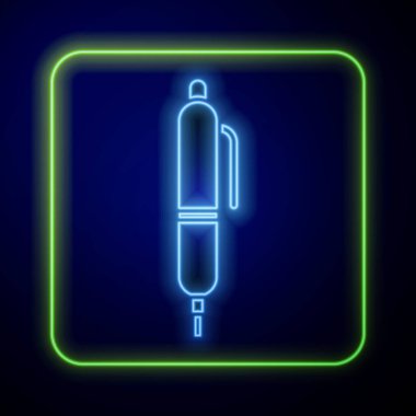 Parlayan neon kalem simgesi mavi arkaplanda izole edildi. Vektör İllüstrasyonu