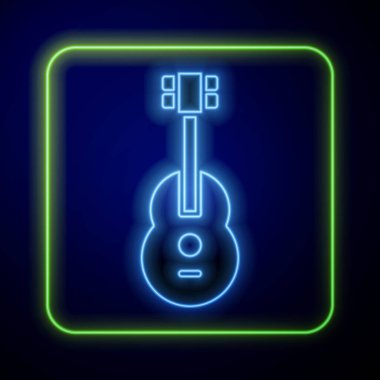 Parlayan neon gitar ikonu mavi arkaplanda izole edildi. Akustik gitar. Telli müzik aleti. Vektör İllüstrasyonu