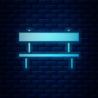 Parlayan neon benç simgesi tuğla duvar arka planında izole edilmiş. Vektör İllüstrasyonu
