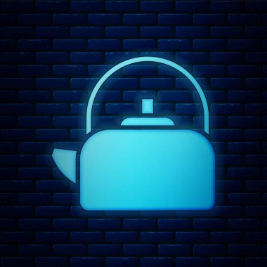 Parlayan neon çaydanlık, tuğla duvar arka planında izole edilmiş bir kulp simgesi. Çaydanlık ikonu. Vektör İllüstrasyonu