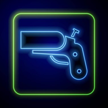 Parlayan neon ışıklı tabanca sinyali mavi arka planda izole edilmiş bir ikon. Acil ateş, hedef duman. Turuncu 911 fırlatıcısı. Vektör İllüstrasyonu