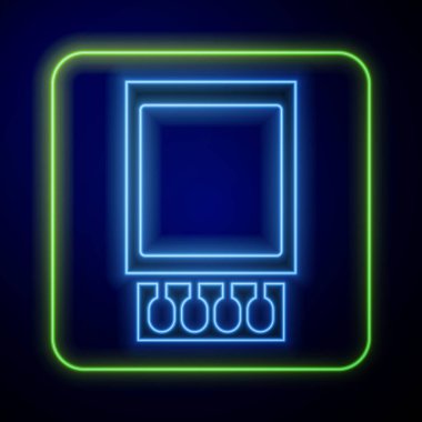 Parlak neon açık kibrit kutusu ve mavi arkaplanda izole edilmiş eşleşen simge. Vektör İllüstrasyonu