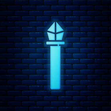 Parlayan neon büyü simgesi tuğla duvar arka planında izole edildi. Sihirli değnek, asa, değnek, değnek. Vektör İllüstrasyonu