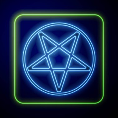 Mavi arkaplanda izole edilmiş bir daire simgesinde parlayan neon pentagram. Sihirli okült yıldız sembolü. Vektör İllüstrasyonu
