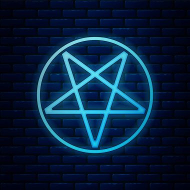 Duvarın arkasında izole edilmiş bir daire simgesinde parlayan neon pentagram. Sihirli okült yıldız sembolü. Vektör İllüstrasyonu