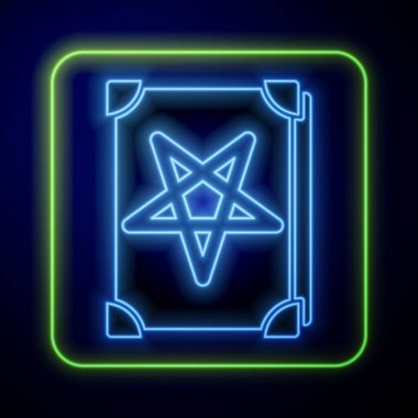 Üzerinde simya tarifleri, mistik büyüler ve mavi arka planda izole edilmiş büyülü ikonlar olan parıldayan neon kadim büyü kitabı. Vektör İllüstrasyonu