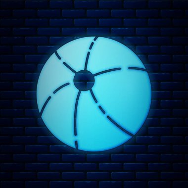 Parlayan neon plaj topu ikonu tuğla duvar arkasında izole edilmiş. Vektör İllüstrasyonu