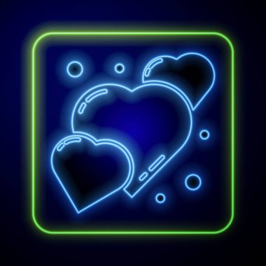 Parlayan neon kalp simgesi mavi arkaplanda izole edildi. Romantik sembol, bağlanma, tutku ve düğün. 8 Mart. Mutlu Kadın Günleri. Vektör İllüstrasyonu