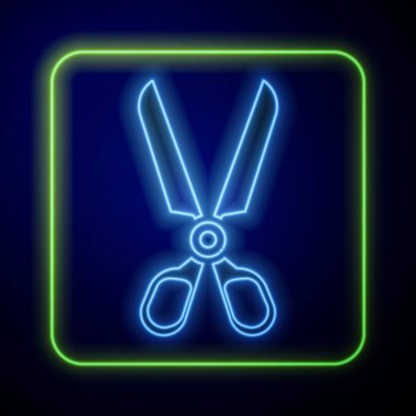 Parlayan neon makas simgesi mavi arkaplanda izole edildi. Alet kesme işareti. Vektör İllüstrasyonu