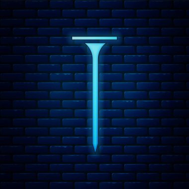 Parlayan neon metal tırnak ikonu tuğla duvar arka planında izole edilmiş. Vektör İllüstrasyonu