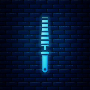 Tuğla duvar arka planında izole edilmiş odun simgesi için parlayan neon keski aracı. Vektör İllüstrasyonu