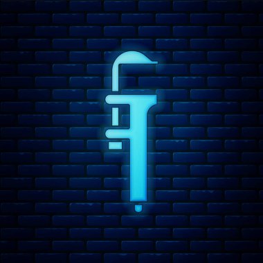 Parlayan neon Calliper veya kalibre ve ölçek ikonu tuğla duvar arka planında izole edilmiş. Hassas ölçüm aletleri. Vektör İllüstrasyonu