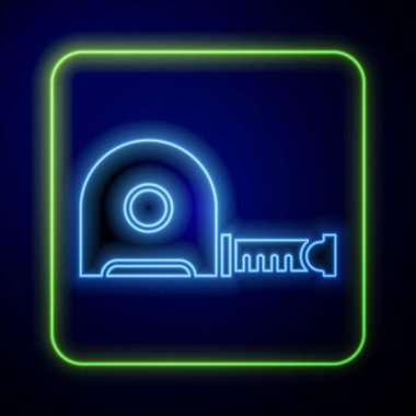 Parlayan neon rulet yapı ikonu mavi arka planda izole edildi. Mezura ölçüm sembolü. Vektör İllüstrasyonu