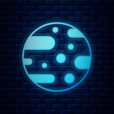 Işıldayan neon renkli Mars ikonu tuğla duvar arka planında izole edilmiş. Vektör İllüstrasyonu