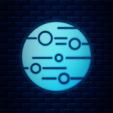 Işıldayan neon renkli Mars ikonu tuğla duvar arka planında izole edilmiş. Vektör İllüstrasyonu