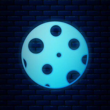 Parlayan neon ay simgesi tuğla duvar arka planında izole edildi. Vektör İllüstrasyonu