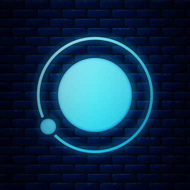 Dünya 'nın yörüngesindeki parlak neon yapay uydular dış uzay ikonu tuğla duvar arka planında izole edildi. İletişim, navigasyon konsepti. Vektör İllüstrasyonu